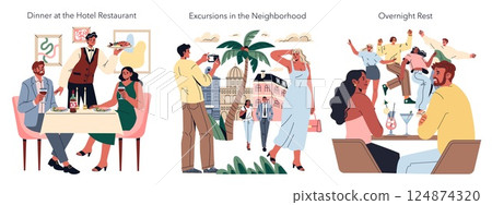 Hotel Holiday Enjoyment set. Couples dining out, exploring city sights, and having fun at nighttime. Vibrant illustrations depicting various vacation activities. Hotel Holiday Enjoyment set. Couples dining out, exploring city sights, and having fun at nighttime. Vibrant illustrations depicting various vacation activities. 124874320