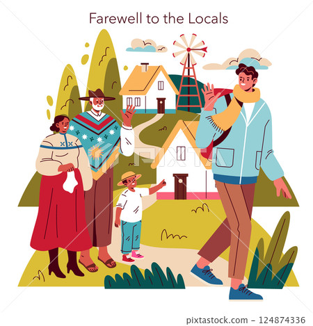 This illustration captures the essence of slow travel, showing the heartfelt farewell between a traveler and friendly locals in a serene countryside. The image illustrates connections, culture, and 124874336