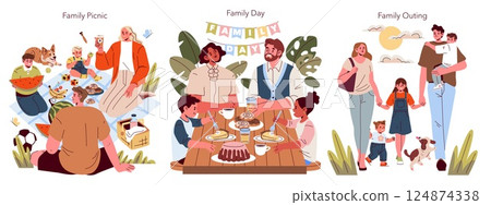 Family Day celebration illustration featuring a picnic, family gathering, and outing. Various activities highlight the joy of togetherness and bonding in a cheerful environment. Vector illustration. Family Day celebration illustration featuring a picnic, family gathering, and outing. Various activities highlight the joy of togetherness and bonding in a cheerful environment. Vector illustration. 124874338