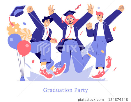 Graduation celebration with joyful students jumping in excitement. They wear graduation caps and suits, surrounded by balloons and festive elements, capturing the spirit of achievement and joy. Vector Graduation celebration with joyful students jumping in excitement. They wear graduation caps and suits, surrounded by balloons and festive elements, capturing the spirit of achievement and joy. Vector 124874348