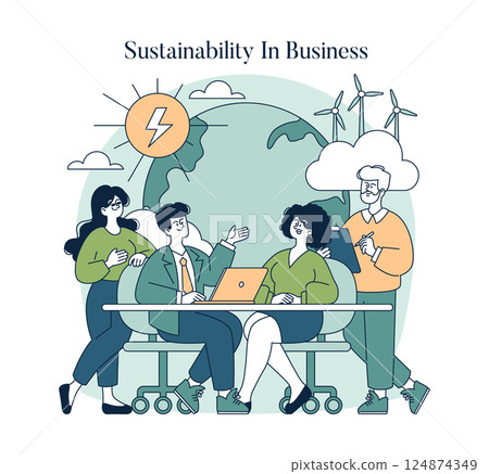 Sustainability in business focuses on integrating eco-friendly practices into operational strategies. This illustration represents teamwork, innovation, and a commitment to a greener future. Sustainability in business focuses on integrating eco-friendly practices into operational strategies. This illustration represents teamwork, innovation, and a commitment to a greener future. 124874349
