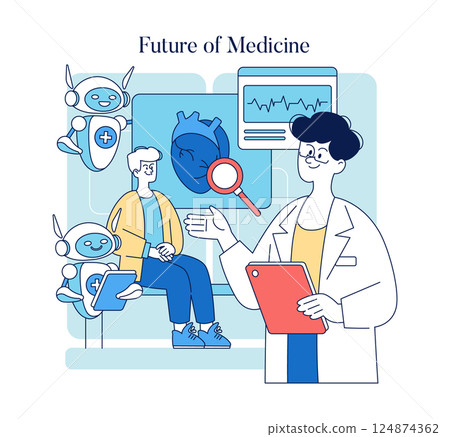 Future of Medicine illustration. This artwork depicts advancements in healthcare technology, featuring a doctor, a patient, and friendly robots working together in a modern medical environment 124874362
