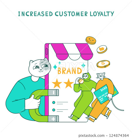 Business cat concept focusing on customer loyalty. This illustration showcases a whimsical approach to branding, featuring characters and elements symbolizing engagement and monetary success. The Business cat concept focusing on customer loyalty. This illustration showcases a whimsical approach to branding, featuring characters and elements symbolizing engagement and monetary success. The 124874364