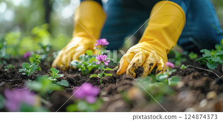 Close-up of gardener hands with yellow gloves planting flowers in garden in spring sunny day. 124874373