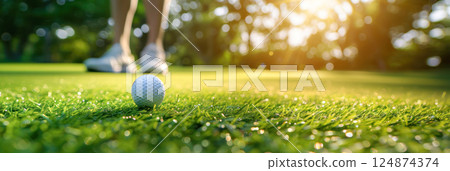 Golf ball on blurred green field background with copy space. 124874374