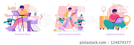 Future Work Models set. Remote, hybrid, and nomadic work styles vibrant with color and style. Professionals creatively adapting to diverse environments. 124874377