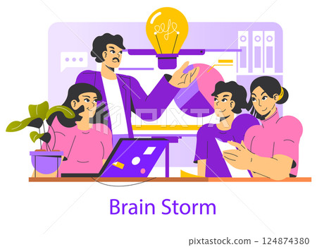 Collaboration in a modern workspace showcases a team engaged in a brainstorming session. A leader presents an idea, while others contribute insights. Visual flow emphasizes teamwork and innovation Collaboration in a modern workspace showcases a team engaged in a brainstorming session. A leader presents an idea, while others contribute insights. Visual flow emphasizes teamwork and innovation 124874380