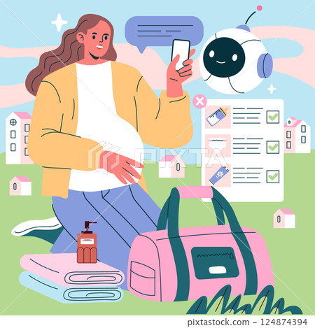 AI Pregnancy Counselor assists expectant mothers with managing their pregnancy journey. A woman interacts with a friendly AI for guidance on necessary preparations and essentials for maternity. Vector 124874394