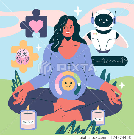 AI Pregnancy Counselor concept. A pregnant woman engages in mindful meditation with the assistance of AI technology. This illustration symbolizes support, emotional well-being, and modern parenting 124874408