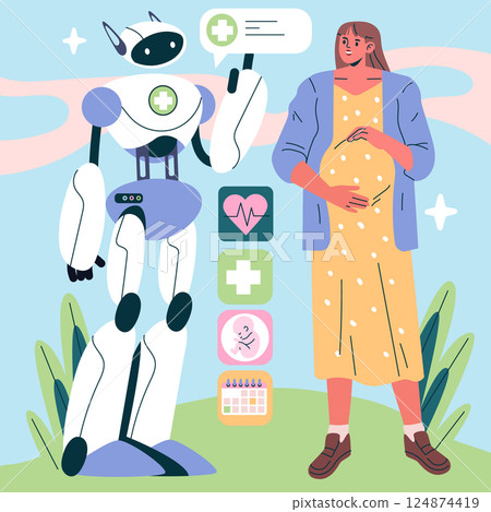 AI Pregnancy Counselor offers personalized support for expectant mothers. The illustration features a friendly robot providing health information alongside a pregnant woman. Emphasizing technology's AI Pregnancy Counselor offers personalized support for expectant mothers. The illustration features a friendly robot providing health information alongside a pregnant woman. Emphasizing technology's 124874419