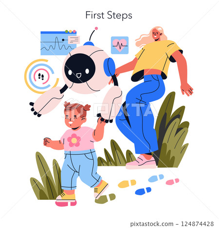 AI co-parenting illustrated through a joyful moment where a robot guides a child on their first steps. The interaction signifies the integration of technology into nurturing and growth. Vector AI co-parenting illustrated through a joyful moment where a robot guides a child on their first steps. The interaction signifies the integration of technology into nurturing and growth. Vector 124874428