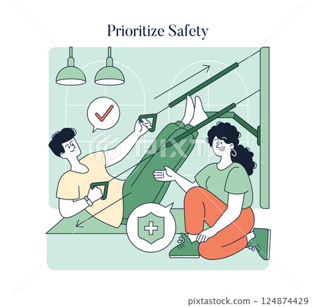 Illustration emphasizes safety in Pilates practice. It shows an instructor guiding a student while ensuring proper equipment use. This highlights the importance of safety protocols in fitness routines Illustration emphasizes safety in Pilates practice. It shows an instructor guiding a student while ensuring proper equipment use. This highlights the importance of safety protocols in fitness routines 124874429