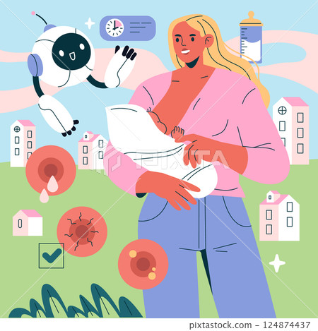AI Pregnancy Counselor concept. This illustration features a mother nurturing her baby while an AI robot offers support, emphasizing the integration of technology in parenting. A blend of health and AI Pregnancy Counselor concept. This illustration features a mother nurturing her baby while an AI robot offers support, emphasizing the integration of technology in parenting. A blend of health and 124874437