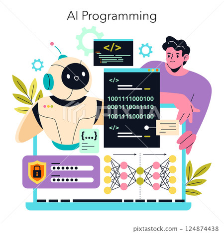 AI programming illustration featuring a cheerful robot and a programmer collaborating on code. The design is engaging and reflects the growing intersection of technology and creativity in artificial AI programming illustration featuring a cheerful robot and a programmer collaborating on code. The design is engaging and reflects the growing intersection of technology and creativity in artificial 124874438