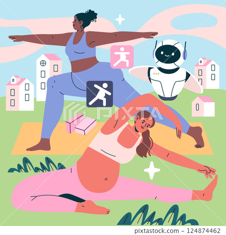 AI Pregnancy Counselor illustration. Highlighting the blend of technology and wellness, featuring diverse women engaging in yoga with support from an AI assistant. Emphasizing health during pregnancy. 124874462