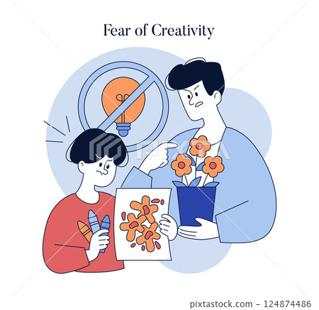 Authoritarian parenting style and its impact on creativity in children. The illustration depicts a parent discouraging a child's artistic expression, reflecting the fear of creativity. Vector 124874486