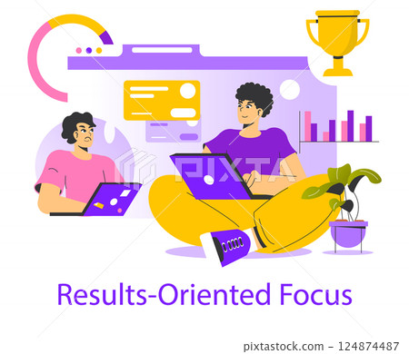 Goal achievement illustration focusing on results-oriented team dynamics. Emphasizes collaboration, productivity, and visual metrics tracking to foster successful outcomes. Vector illustration. Goal achievement illustration focusing on results-oriented team dynamics. Emphasizes collaboration, productivity, and visual metrics tracking to foster successful outcomes. Vector illustration. 124874487
