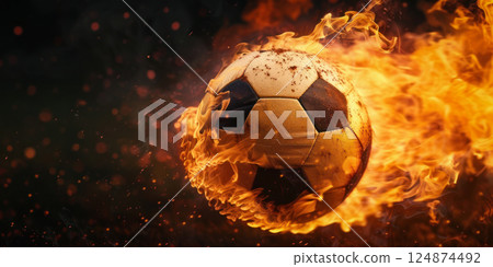 Burning soccer ball in the flames on dark background with copy space. 124874492