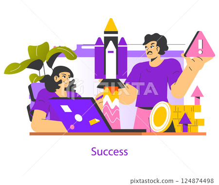 Risk management in achieving success shown through teamwork. One person focuses on the computer, while another raises a warning sign by a rocket, illustrating preparation and proactive measures Risk management in achieving success shown through teamwork. One person focuses on the computer, while another raises a warning sign by a rocket, illustrating preparation and proactive measures 124874498