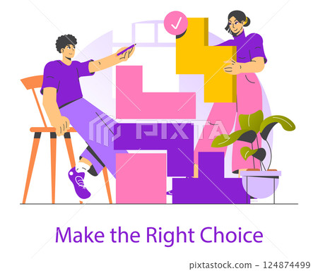 Interactive scene illustrating two individuals collaboratively selecting colorful geometric shapes. The focus on teamwork fosters an engaging atmosphere, reflecting the essence of intuitive decision 124874499