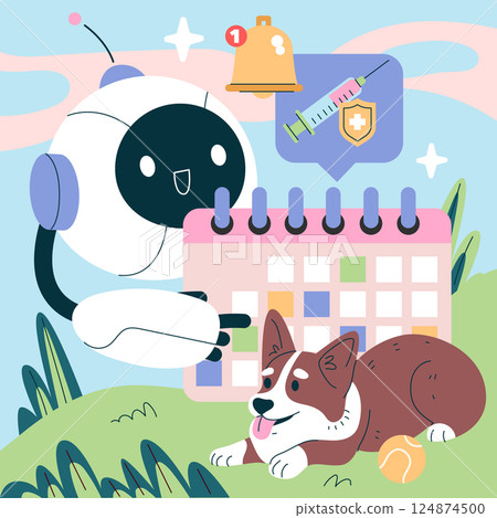 AI veterinary consultant assists pet owners in managing appointments and vaccinations with a digital calendar while ensuring a happy, healthy pet. This illustration captures the symbiosis of 124874500