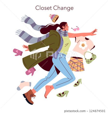 Spring Equinox Day brings a sense of renewal and change, illustrated by a woman joyfully transitioning her wardrobe. Colorful clothing symbolizes new beginnings and the vibrant energy of springtime 124874501
