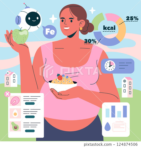 AI Pregnancy Counselor offers nutritional guidance for expecting mothers. It features a woman with healthy food, a friendly robot, and key nutrition information, promoting wellness during pregnancy 124874506