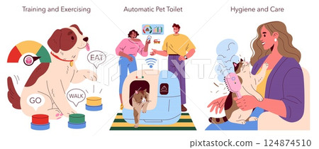Pet Gadgets Illustration. A modern representation of essential pet gadgets for training, hygiene, and care, showcasing a dog and cat interacting with innovative devices for better pet management and 124874510