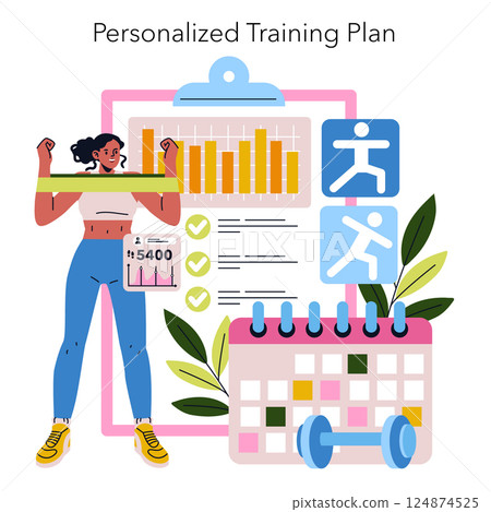 Remote personal training allows individuals to engage in fitness through customized plans, workouts, and progress tracking all from home. This illustration features a trainer with a plan, calendar 124874525