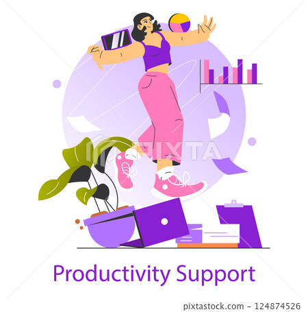 The illustration showcases a person balancing multiple tasks while maintaining motivation and productivity. Elements like plants and graphs emphasize an active and engaged lifestyle. 124874526