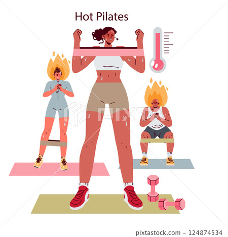 Hot Pilates illustration showcases individuals engaging in an intense workout. Featuring strength training elements in a warm environment, it captures the essence of fitness and dedication. 124874534