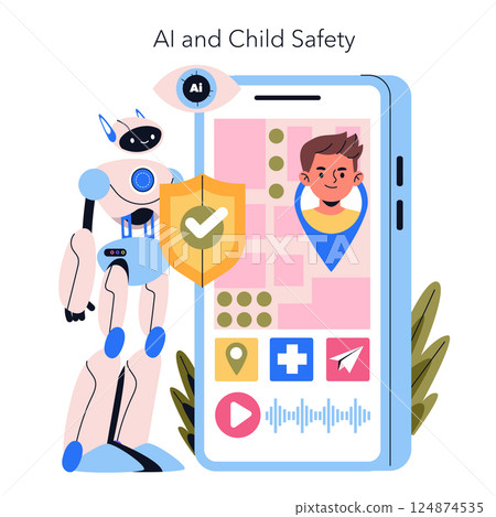 AI co-parenting concept focuses on enhancing child safety through technology. It represents the fusion of advanced AI tools and parenting, improving child monitoring and protection. Vector 124874535