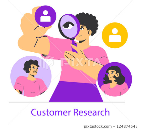 Customer research focuses on understanding target audiences to enhance business strategies. This illustration highlights methods of gathering insights, analyzing behaviors, and improving engagement. Customer research focuses on understanding target audiences to enhance business strategies. This illustration highlights methods of gathering insights, analyzing behaviors, and improving engagement. 124874545