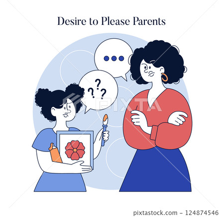 Illustration of a child expressing concern while holding artwork in front of a disapproving parent. This captures the tension in authoritarian parenting, showing the child's desire to please despite Illustration of a child expressing concern while holding artwork in front of a disapproving parent. This captures the tension in authoritarian parenting, showing the child's desire to please despite 124874546