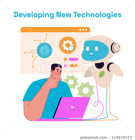 Innovative technology development in a modern environment is depicted through a person contemplating ideas while interacting with a robot and digital interface. Collaboration between humans and 124874557