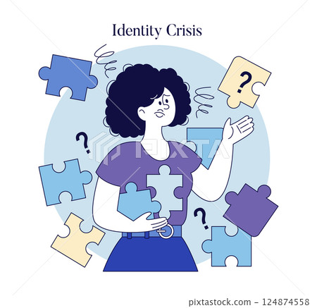 Identity crisis concept. A person grappling with self-discovery amidst puzzle pieces representing confusion and uncertainty. The illustration conveys emotional complexity and inner turmoil. Vector 124874558