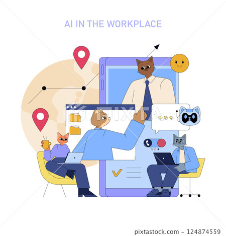 AI integration in modern workplaces enhances collaboration and productivity. Animated characters demonstrate communication, technology use, and workflow optimization. Explore future work dynamics AI integration in modern workplaces enhances collaboration and productivity. Animated characters demonstrate communication, technology use, and workflow optimization. Explore future work dynamics 124874559