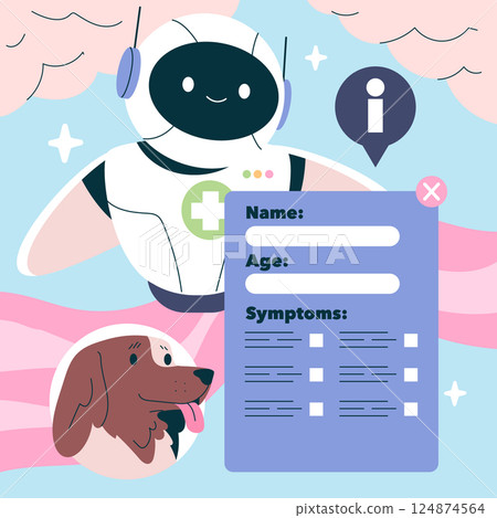 AI veterinary consultation service for pet owners. The friendly robot assists with pet health inquiries through interactive forms, facilitating quick and easy access to veterinary information. Vector 124874564