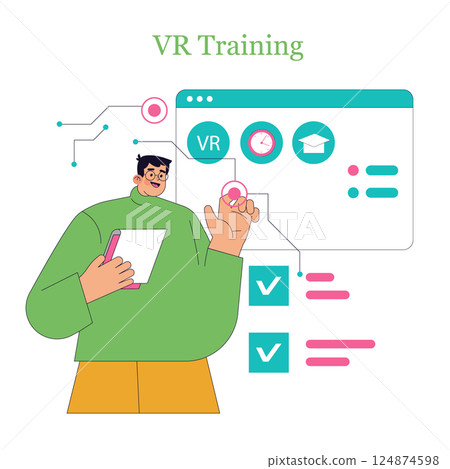 VR training illustrates the merging of technology and education, showcasing a person engaging with virtual learning tools. This modern approach enhances skills through interactive training modules and VR training illustrates the merging of technology and education, showcasing a person engaging with virtual learning tools. This modern approach enhances skills through interactive training modules and 124874598