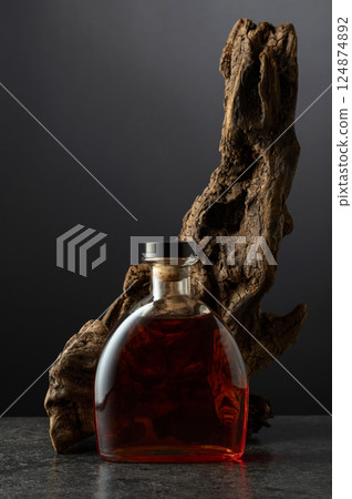 Bottle of brandy and old snag on a black background. 124874892