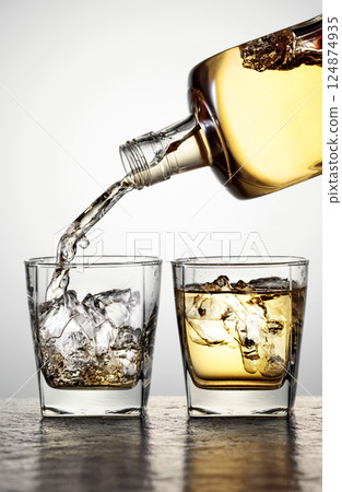Whiskey is poured into a glasses with ice. 124874935