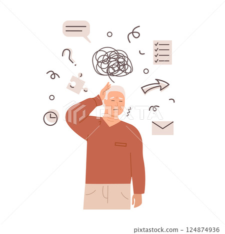 Elderly man experiencing memory loss and confusion, holding head with a puzzled expression. Alzheimer or dementia symptoms medical concept illustration. Mental health of senior people. Vector. Elderly man experiencing memory loss and confusion, holding head with a puzzled expression. Alzheimer or dementia symptoms medical concept illustration. Mental health of senior people. Vector. 124874936