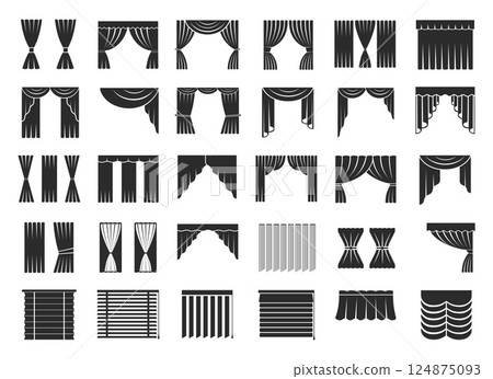 Curtains and Blinds Silhouettes. Black and White Window Drapes Icon Set and vector illustration 124875093