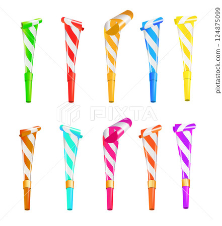 Color Party Blower Whistles Set of Celebration Happy Party. Realistic Detailed 3d. Vector 124875099