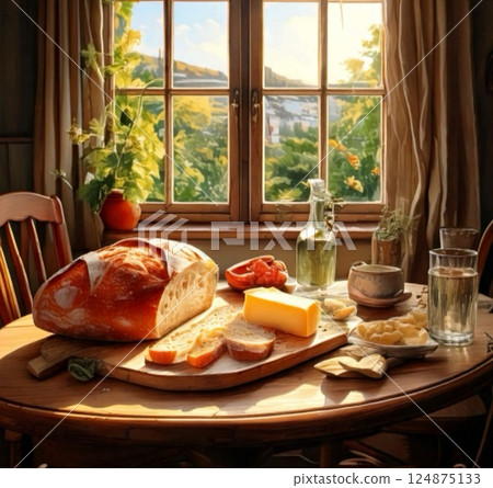 A table with bread and cheese in the warm sunlight 124875133