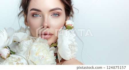Beautiful young woman with fresh clean skin on white background with white peony flowers with copy space. Face care, cosmetology, beauty treatment and spa concept. 124875157