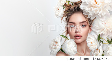 Beautiful young woman with fresh clean skin on white background with white peony flowers with copy space. Face care, cosmetology, beauty treatment and spa concept. 124875159