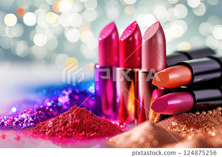 Cosmetics and beauty illustration, a set of lipsticks on a crushed eye shadows background. 124875256