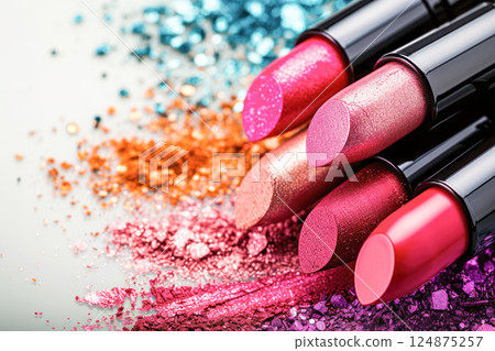 Cosmetics and beauty illustration, a set of lipsticks on a crushed eye shadows background. 124875257