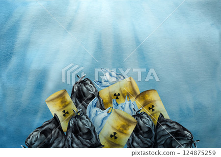 Mountain of garbage. Underwater sea , sunlight in ocean. Frame, template. Bags filled with trash, rusty oil barrels. Watercolor hand drawn illustration isolated on background. Recycling. Agriculture Mountain of garbage. Underwater sea , sunlight in ocean. Frame, template. Bags filled with trash, rusty oil barrels. Watercolor hand drawn illustration isolated on background. Recycling. Agriculture 124875259